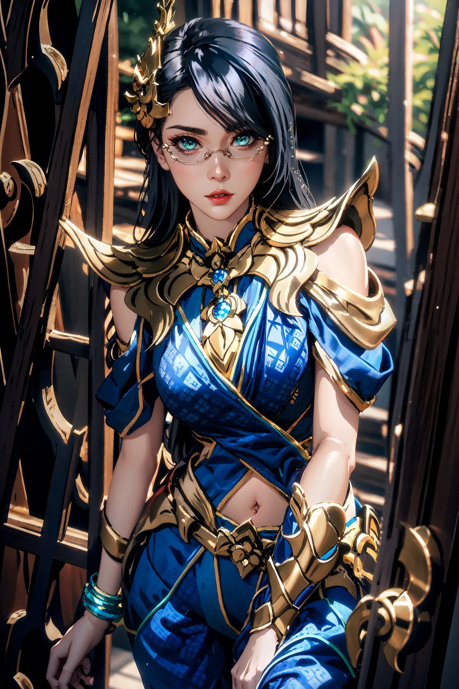 (masterpiece), best quality, expressive eyes, perfect face, outdoor, thee, mountain, forrest, day light, light, realistic, high heels, pantyhose, blue pants, pants, belt, navel cutout, navel, ring, bracelet, medium breasts, breasts, armor, jewelry, clothing cutout, blue dress, dress, shoulder armor, closed mouth, red lips, parted lips, lips, round eyewear, glasses, eyelashes, green eyes, looking at viewer, bangs, hair ornament, black hair, long hair, solo, 1girl, Veres Siamnaga, standing, <lora:Veres_Siamnaga_AoV_Model_LoRA:0.8>