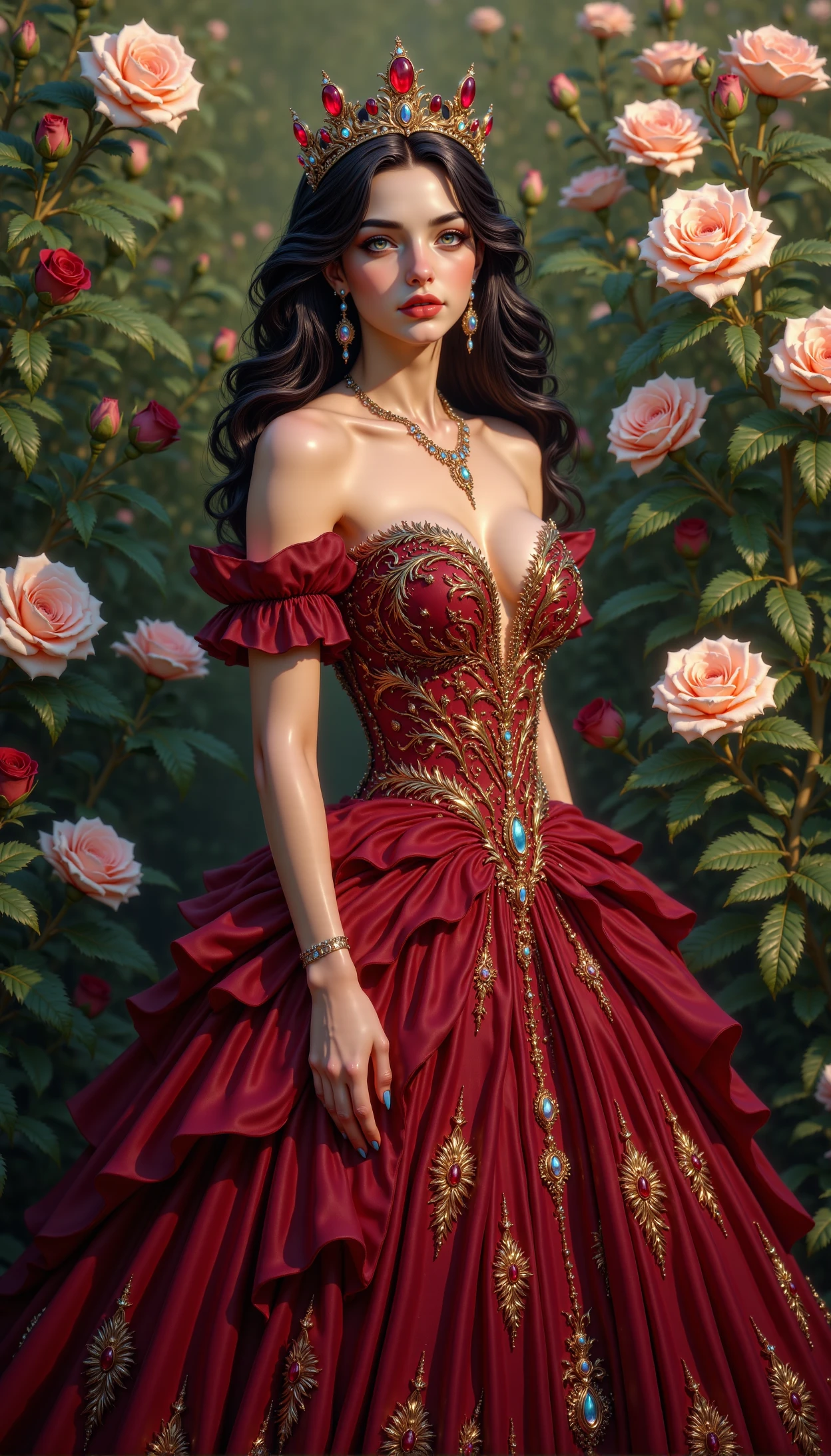 pinketherealmj, a pretty queen, adorned with a majestic crown of ruby-heart shapes. She wears a striking burgundy, abstract, and eye-catching gown that features elegant heart and rose motifs. The queen stands gracefully in a beautiful garden beside a bush of painted white roses turned red, <lora:PinkieEtherealMJFLUX-v2.0:1>,