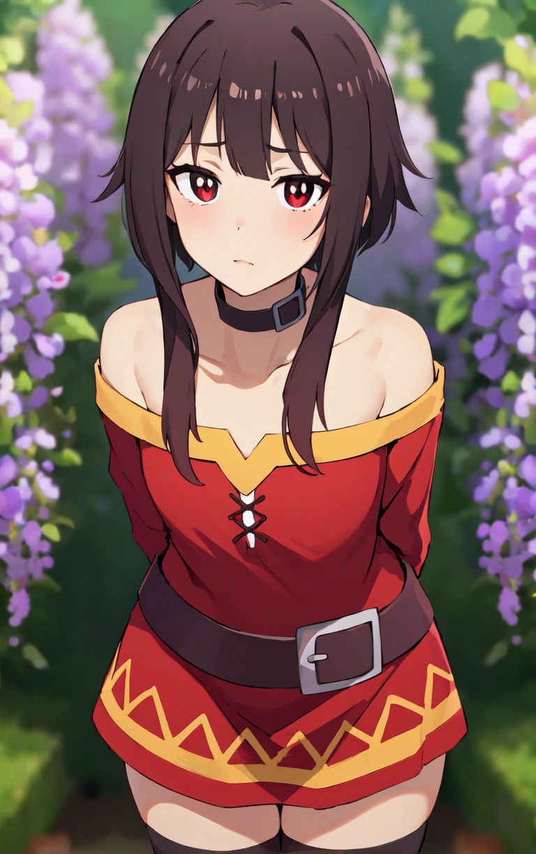 (masterpiece, best quality:1.4), insaneres, absurdres, solo, looking at viewer,BREAK 
BareShoulders_Megumin_ownwaifu,    
1girl, brown hair, megumin, short hair with long locks, red eyes, collar, choker, collarbone, sidelocks, bangs, black choker, bright pupils, brown belt, small breasts,  hair between eyes, sleepy,
bare shoulders, red dress, off shoulder, fingerless gloves, black gloves, off-shoulder dress, bandages, bandaged leg, single thighhigh, black thighhighs, long sleeves, asymmetrical legwear, mismatched legwear,  short dress,
(leaning forward, arms behind back), cowboy shot, garden, wisteria, outdoors, <lora:ANIME_KonoSuba_Megumin_ownwaifu:0.85> , depth of field, solo,