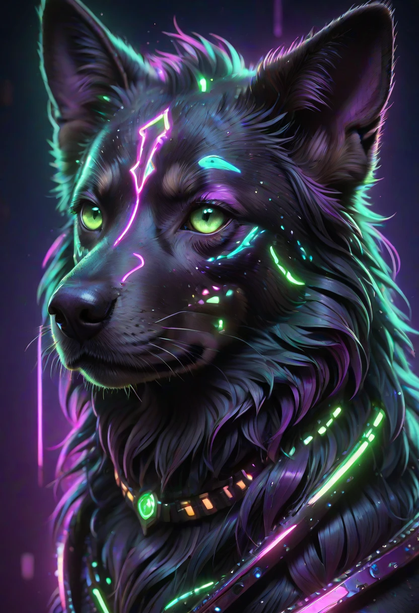 Pop Art, neonpunk style a dog with glowing green eyes  . cyberpunk, vaporwave, neon, vibes, vibrant, stunningly beautiful, crisp, detailed, sleek, ultramodern, magenta highlights, dark purple shadows, high contrast, cinematic, ultra detailed, intricate, professional, vivid colors, flat color, 2D, strong lines, Pop Art