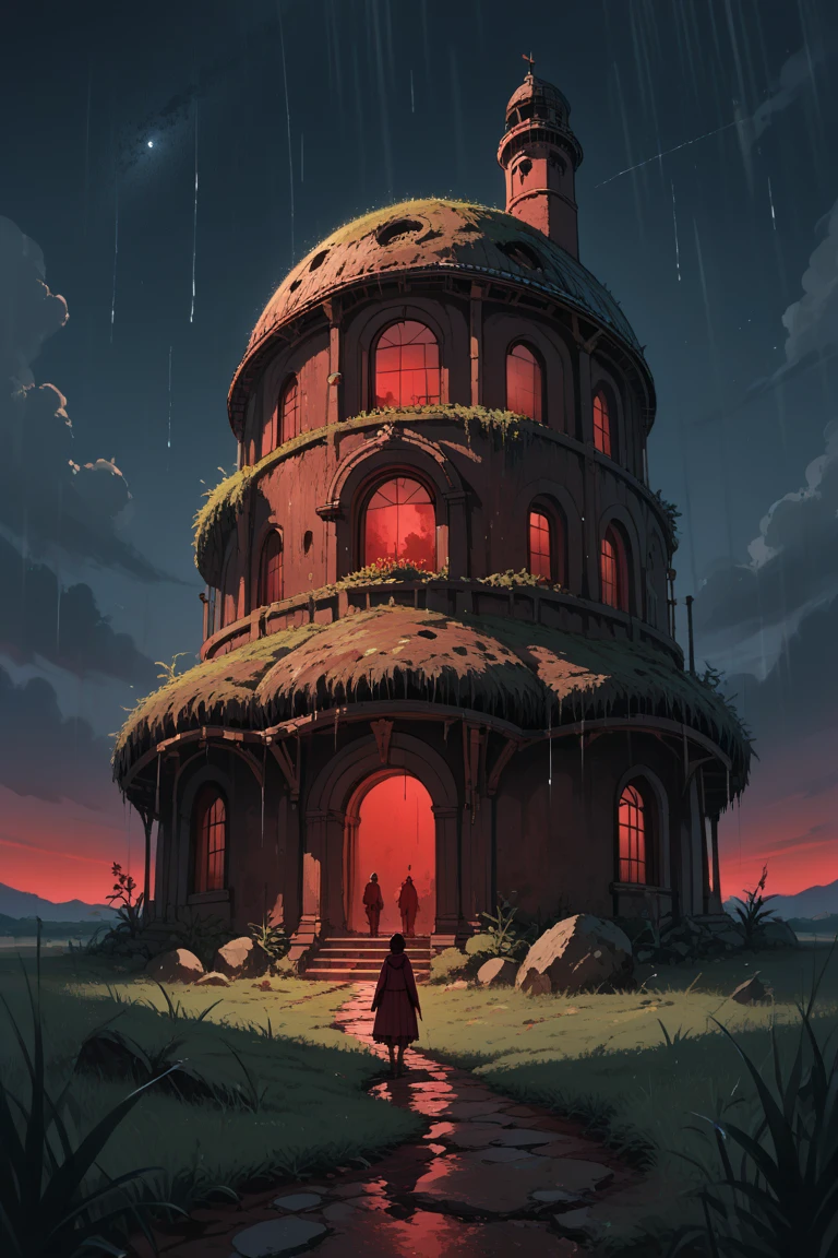 score_9, score_8_up, score_7_up, source_anime, rating_safe, night, natural lighting, raining, blood, dirt-structure focus, dirt, round structure, grass, intricately detailed illustration, Dadirt, from below, scenery, red theme, fantasy, horror