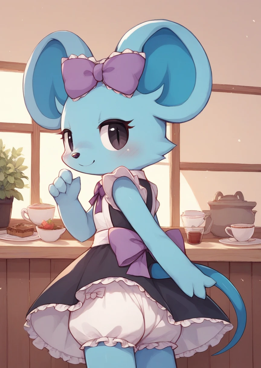 score_9, score_8_up, score_7_up, score_6_up, score_5_up, BREAK
Vivi, Anthro, Female, blush, 1girl, bow, furry, hair bow, animal ears, solo focus, furry female, purple bow, black eyes, animal nose, blue skin, half-closed eyes, mouse, solo, bloomers, cafe, happy, smile, rating_safe, bat ears, blue inner ear, maid uniform, maid headdress, back ribbon