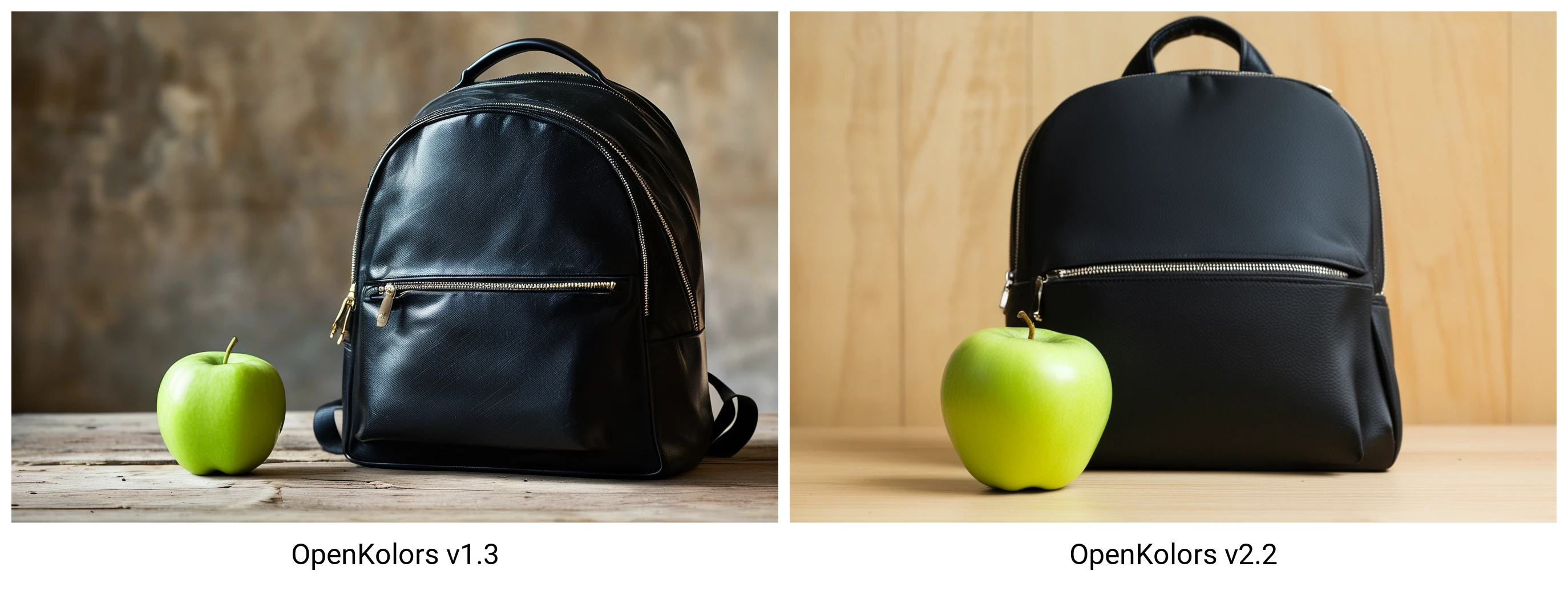 A green apple and a black backpack