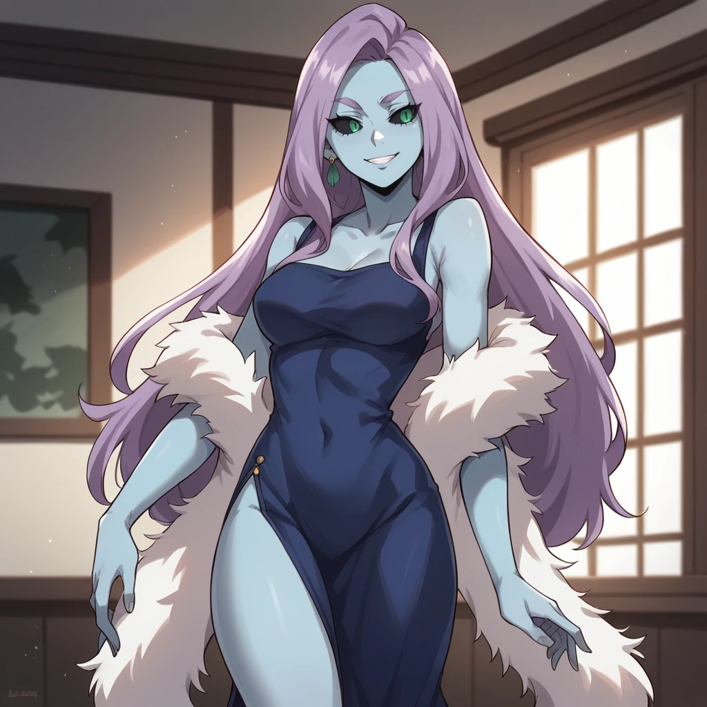 score_9, score_8_up, score_7_up, score_6_up, score_5_up, score_4_up, zPDXL2,source_anime,rating_questionable, 1girl, solo, indoors,  smile, <lora:Curious_BNHA:0.8> Curious_BNHA, purple hair,green eyes, black sclera, blue skin, long hair, blue dress, thigh slit, glitter, feather boa