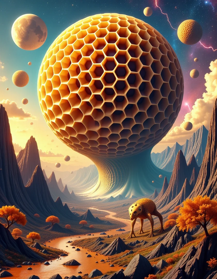 <lora:Flux_-_Honeycomb_Style:1> A surreal alien planet floating in deep space, entirely made of honeycomb structures. The planet has towering mountains, rivers of glowing liquid honey, and forests of honeycomb trees with translucent hexagonal leaves. Gigantic honeycomb creatures, part machine and part organic, roam the surfaceâsome with multiple limbs, wings, or even floating, tentacle-like appendages. The sky above is filled with swirling nebulae and honeycomb-shaped moons, casting an eerie light across the alien landscape. The atmosphere pulses with energy, as electrical storms crackle through the honeycomb clouds, blending sci-fi, fantasy, and abstract art.