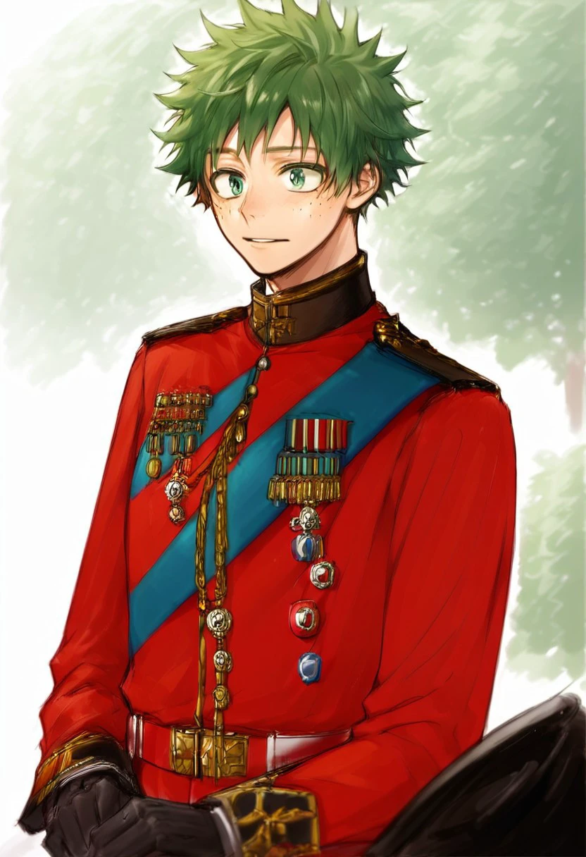 score_9, score_8_up, source_anime, highly detailed, gloves, uniform, order of the garter, , black gloves, military, medal,male focus, Military outfit, military uniform, military medal,deku,green hair,green eyes,short hair,freckles