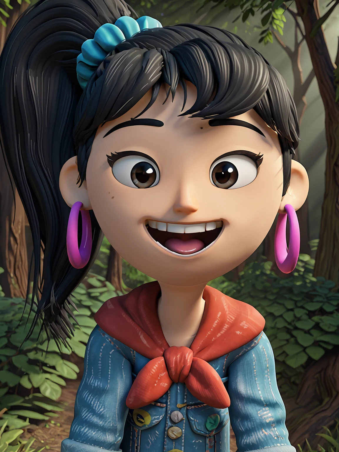 looking at viewer, 1girl, solo, <lora:Ellie (Sprite Fright):0.9> elliesf, laughing, black hair, ponytail, earrings
score_7_up, source_3d, 3d, forest