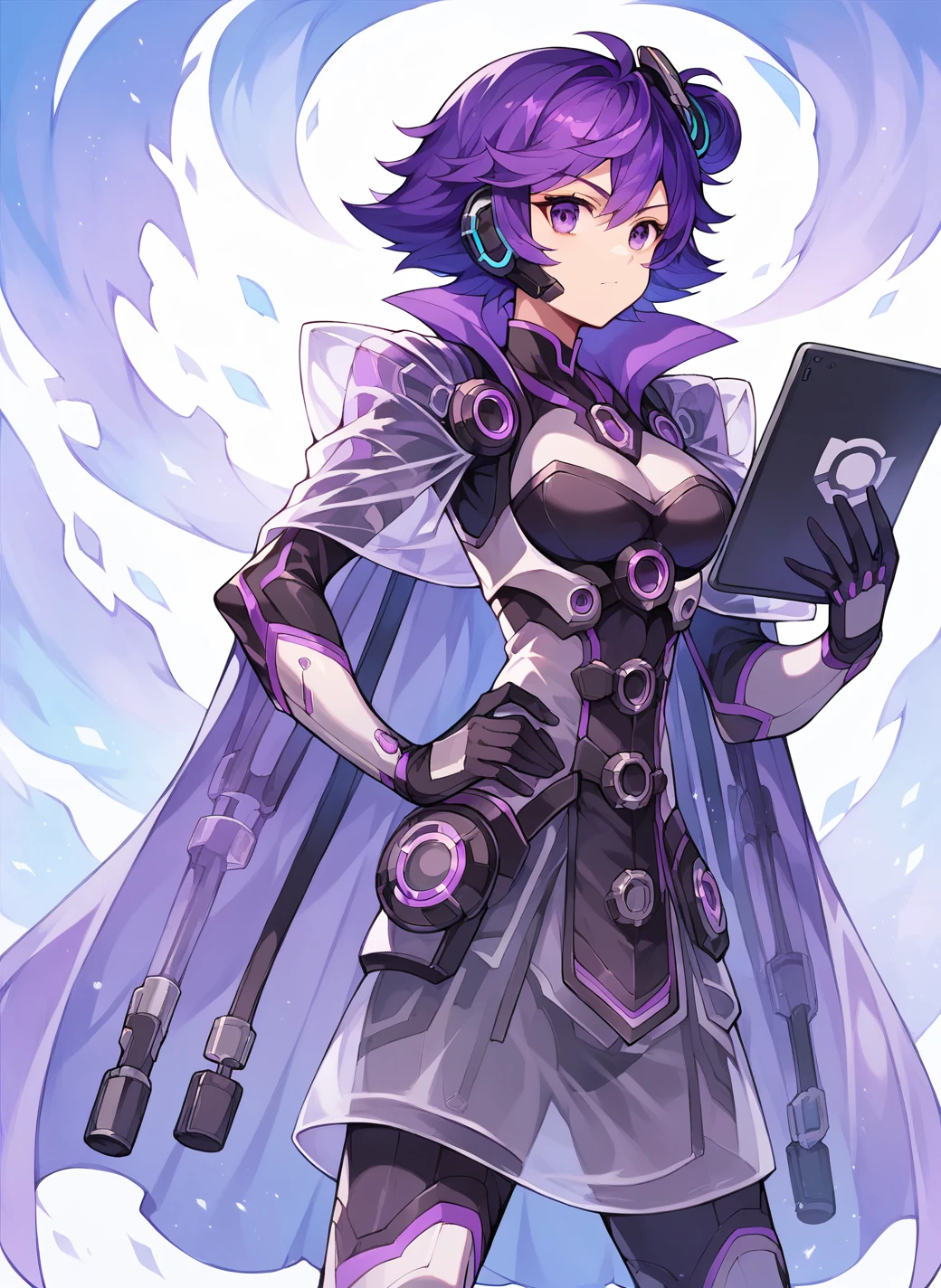 score_9, score_8_up, score_7_up, high quality, 1girlï¼solo, backup sceretary , purple hair, hand on hip, cape, short hair, gloves, see-through, standingï¼Hold. Tablet ï¼  .<lora:Backup sceretary:1.1> <lora:add-detail-xl:1>. Cyberspaceãfront view.