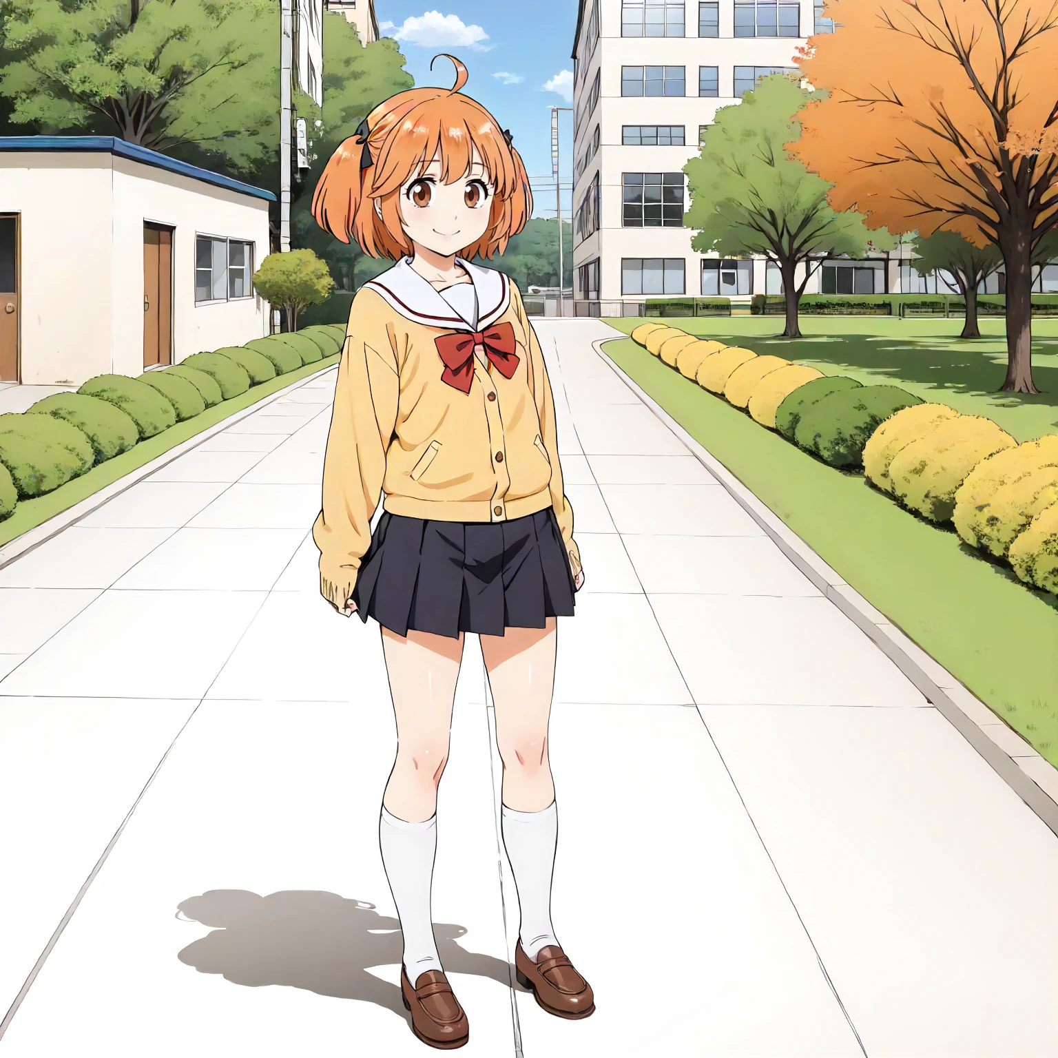 <lora:HiNO_MoeAshiharaXLpony002>,
outdoors,
smile,
solo,
MoeAshihara,1girl,orange hair,ahoge,two-side up,hair bow,brown eyes,
school_uniform,white sailor color,yellow cardigan,
black skirt,
standing,full body,