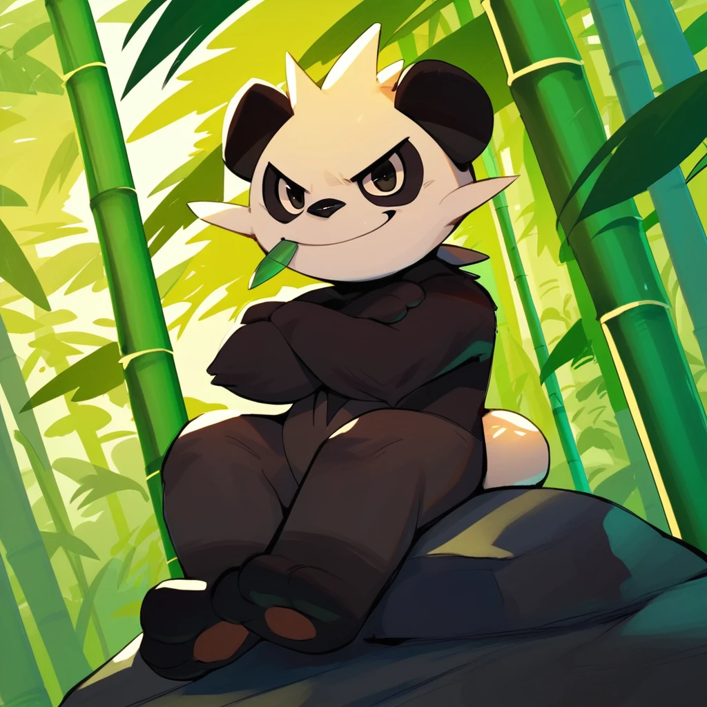 score_9, score_8_up, score_8, furry, Pancham, pokemon (creature), panda, cartoon style, 2d, furry male, solo, sitting, sitting on rock, arms crossed, looking at viewer, smirk, outside, bamboo trees