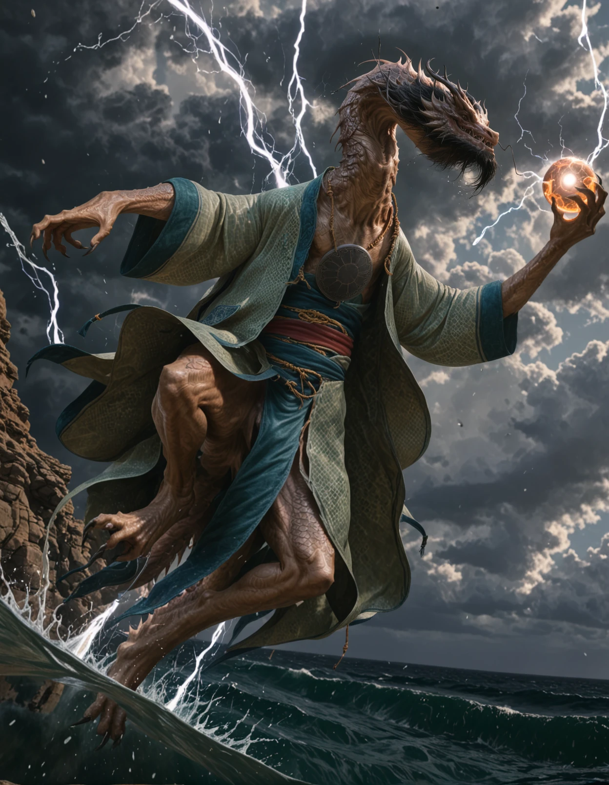 chenloong, cinematic, photorealism, hi res, detailed, eastern dragon, anthro, solo, male, beard, blue loincloth, green pattern robe, flying, midair, electricity manipulation, casting spell, energy ball, storm, sea, water splash, action pose, dutch angle, low-angle view, round pendant,
<lora:BlackMythChenLoong_seaart-1.0.1:1>