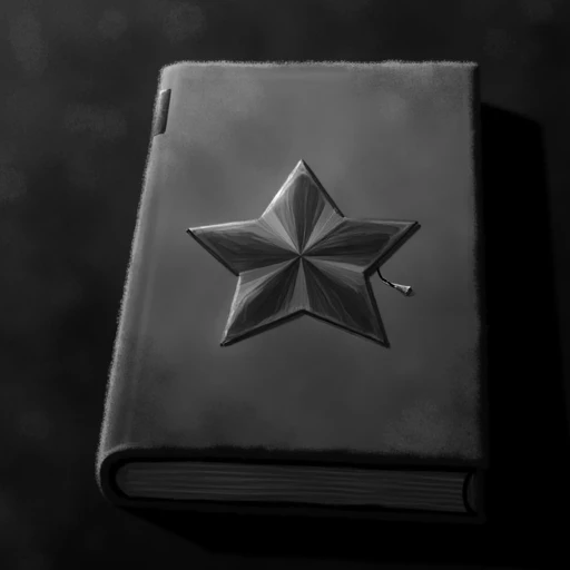 digital artwork, surreal, atmospheric, dark, a gray book. with a star shaped gem, embedded in the front cover, a crack down the middle of the gem, weary possessed souls scream around it.