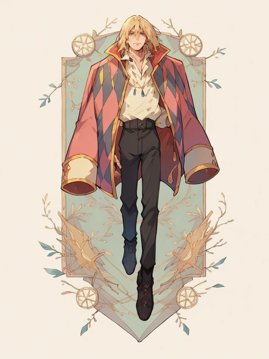 score_9, score_8_up, score_7_up, score_6_up, score_5_up,   <lora:HowlXLP:1> howl, solo, 1boy, blue eyes, blonde hair, jacket on shoulders, jewelry, full body,