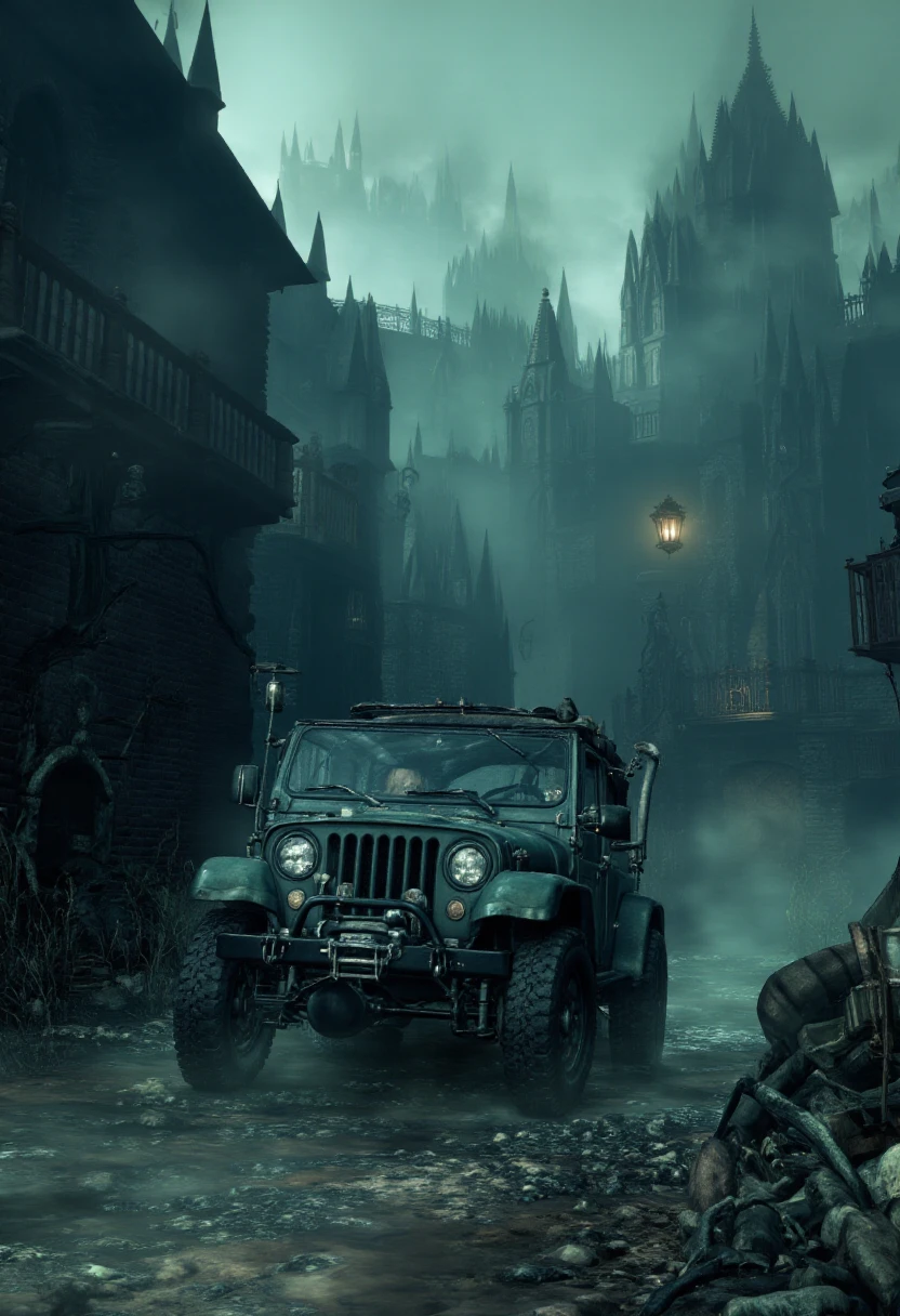 <lora:Bloodborne_Style_FLUX:1.2> bbstyle, horror theme,  a jeep driving in the mountains