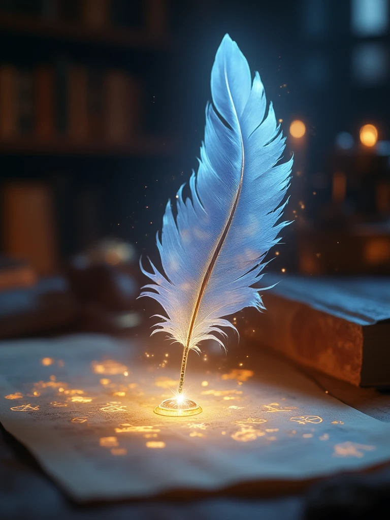 A hyper-realistic close-up of an enchanted quill, its feather shimmering with a soft, pearlescent glow in shades of blue and silver. The quillâs tip is made of fine crystal, sparkling as it hovers just above a parchment covered in glowing, golden runes. The background is a blurred, dimly lit study filled with ancient books and scrolls, creating a warm, scholarly atmosphere. Semi-transparent wisps of magical energy coil around the quill, enhancing its ethereal quality. Realistic shading and highlights emphasize the softness of the feather, with subtle variations in color that catch the light. The crystal tip of the quill refracts light, creating a delicate prism effect on the parchment. One glowing rune pulses faintly as the quill hovers, poised to continue writing its mystical script.
