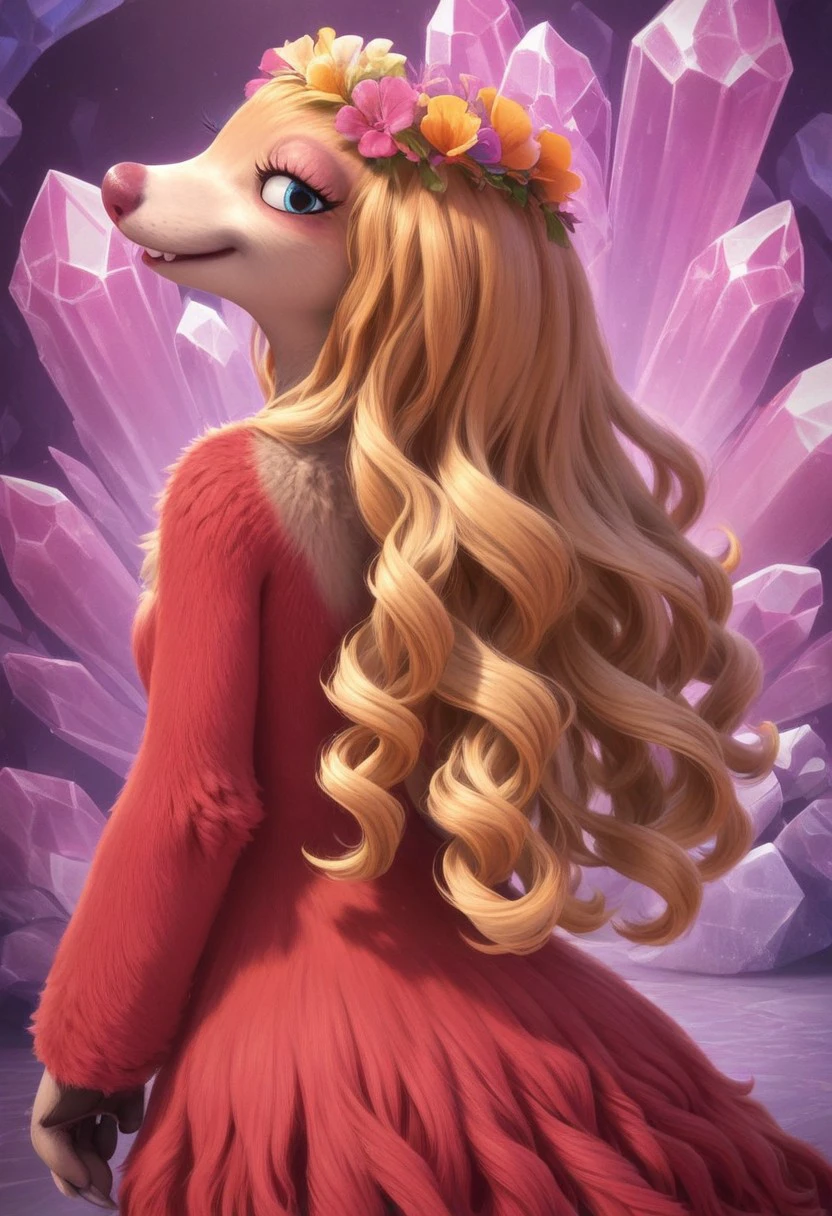 furry, anthro, female sloth, ground sloth, blue eyes, blonde hair, long wavy hair, red fur, red fur dress, blonde fur on upper body, two-toned fur, pink nose, buckteeth, hair ornament, white claws, no ear, score_9, score_8_up, score_7_up, BREAK, 1girl, solo, looking at viewer, cute, smiling, smug, from behind, looking back, female focus, looking at viewer, pink crystal background, detailed background, 4k, masterpiece, best quality, highly detailed, realistic, cowboy shot