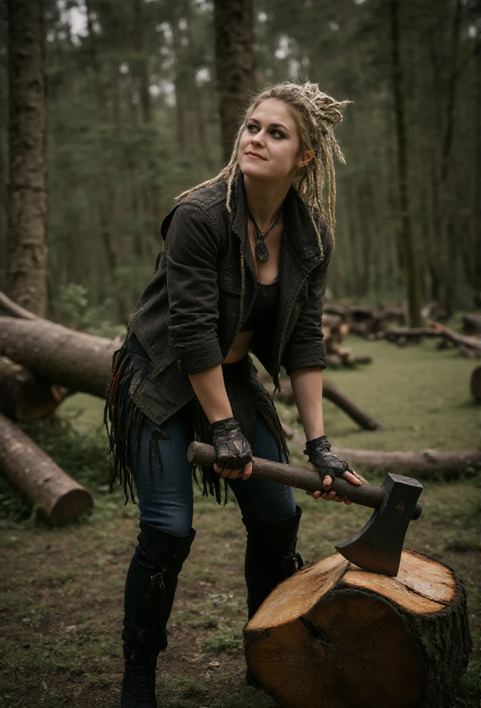 Mieze Musch-Musch is a woman choping wood in the forest. She wears a lumber jacket and jeans and boots. She hold an axe  <lora:Mieze_Musch-Musch:0.9>