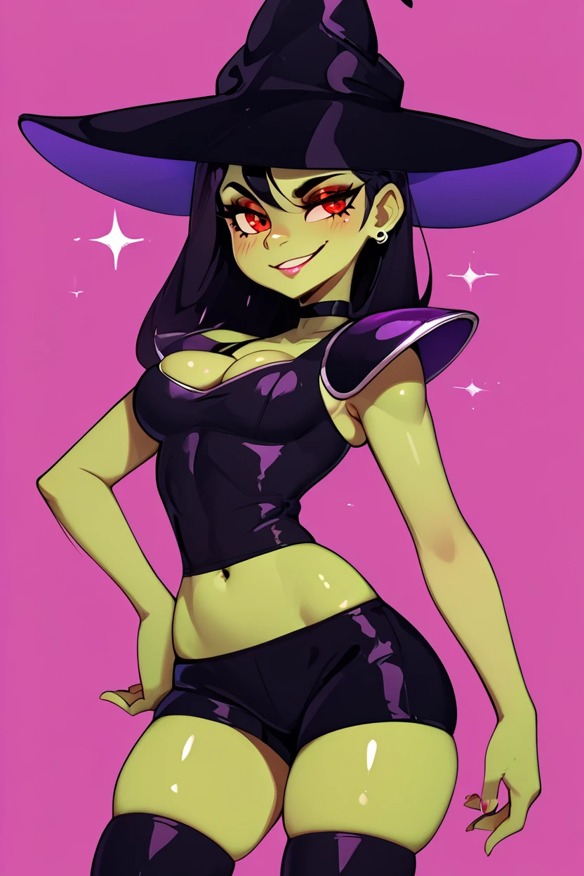 score_9, score_8_up, score_8, medium breasts, (curvy), cute, eyelashes,       BREAK, , zzGrunty, green skin, long black hair, black dress, red eyes,  dress, solo, large breasts, black dress, cleavage, makeup, sleeveless, black dress, short dress, witch hat, evil smile, smug, busty,   <lora:Grunty_PDXL_v1:1.0>,  , BREAK, solo, thighhighs, navel, jewelry, medium breasts, cowboy shot, earrings, parted lips, shorts, choker, midriff, armor, short shorts, skindentation, black choker, shoulder armor, ,,, abstract background,  ,,, hand on hip, ,,, embedding:zPDXL, Expressiveh, ,,, <lora:Halphelt_PDXL-000008:0.8>, <lora:Uncensored_PonyXL_cpt_v02.09:0.4>, <lora:Expressive_H-000001:0.4>,