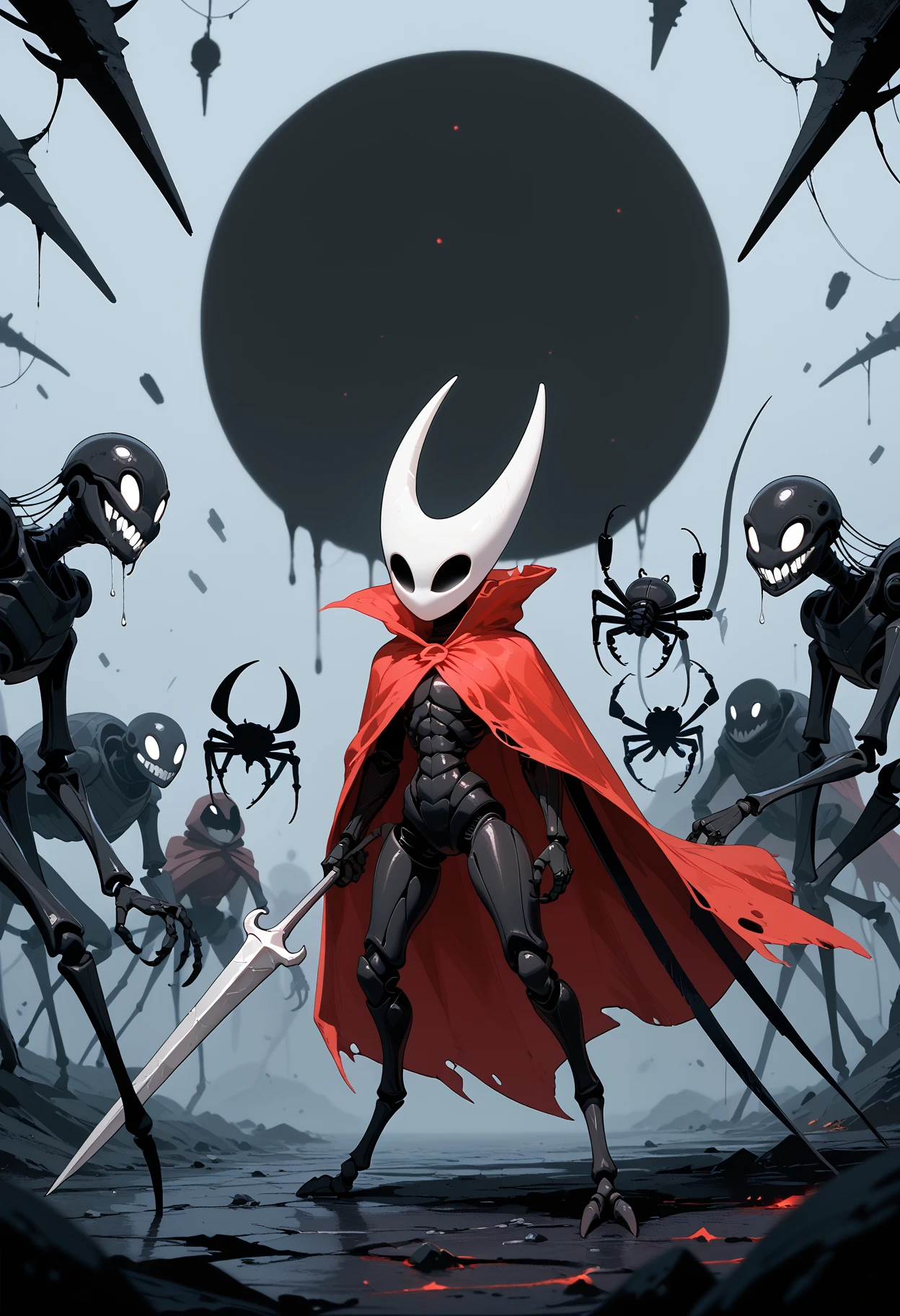 score_9, score_8_up,score_7_up,flat color,(best quality, chibi-boy,((wearing plague-doctor costume,plague-doctor mask)),eyes glow white,black hood,black lab-coat, mecha arm,