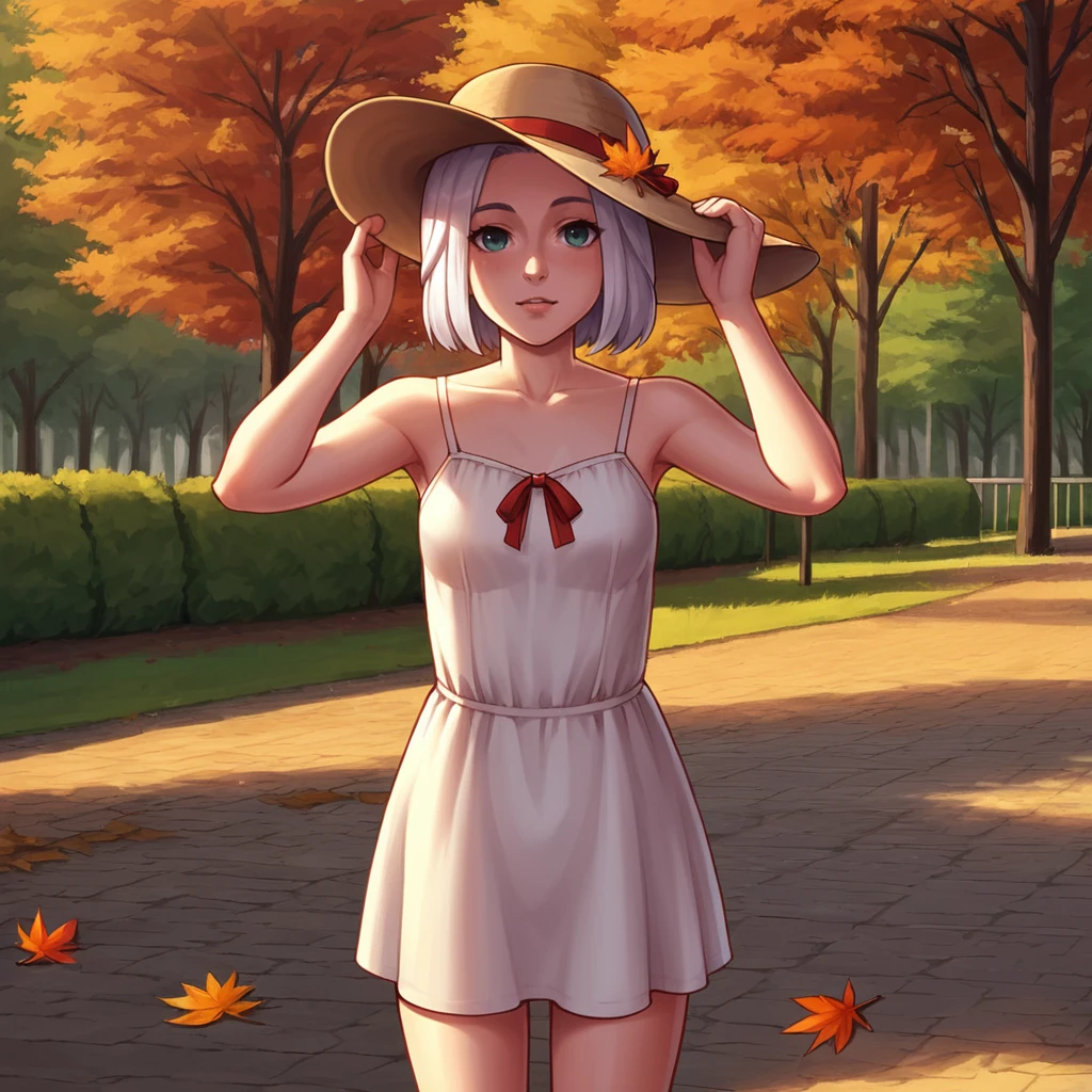 score_9, score_8_up, score_7_up, source_anime, BREAK
outdoors, park, sunset, autumn leaves, 
<lora:ChiaraLoboscaXL:0.86>, chiaralobosca, 1girl, solo, looking at viewer, cowboy shot, sundress, thighs, sun hat, hand on headwear,