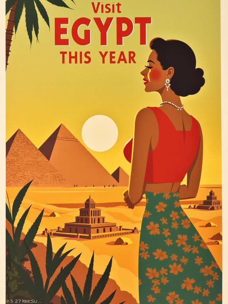 Travel Poster. Print  "Visit Egypt this year". 1950s woman in foreground.

vntgtrvlpstrCE style