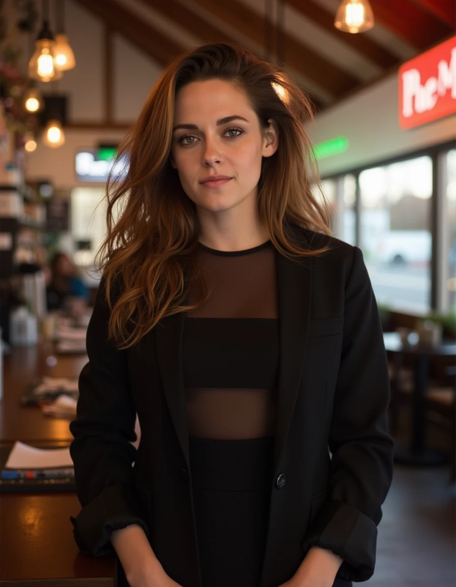 <lora:Kristen_Stewart_Flux:1> This is a high-resolution photograph of a woman standing in a cafe, brown hair cascading over her shoulders, wearing a chic black dress, looking at the viewer
