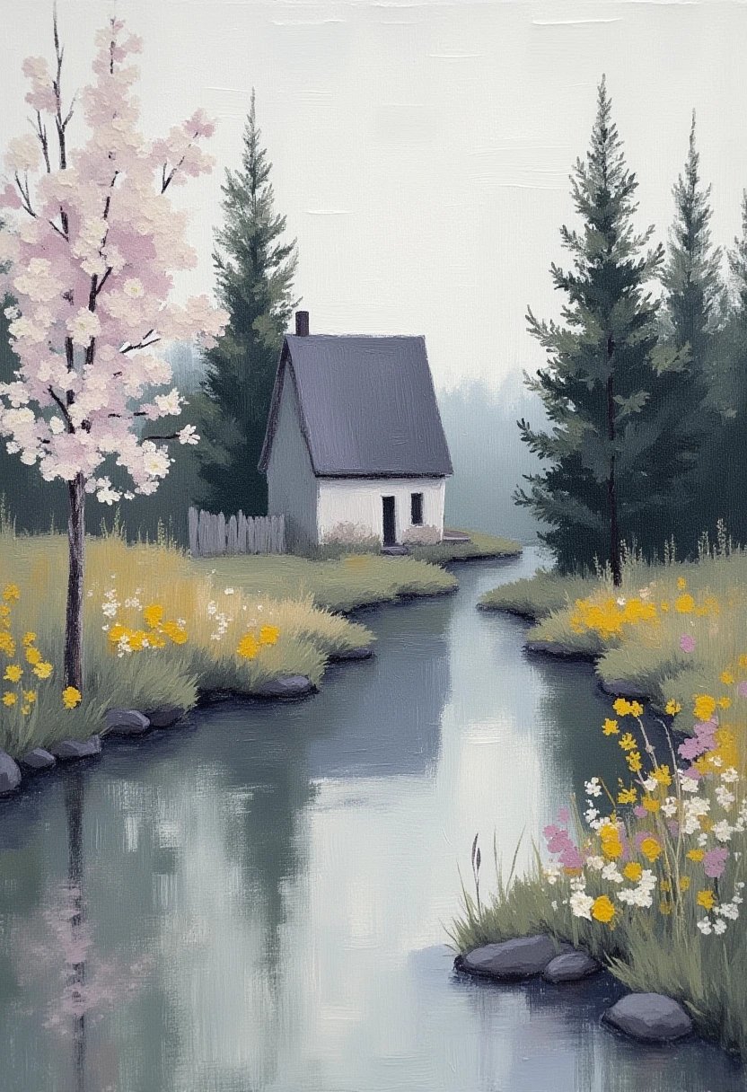 cottage by the water novuschroma style dry brush painting