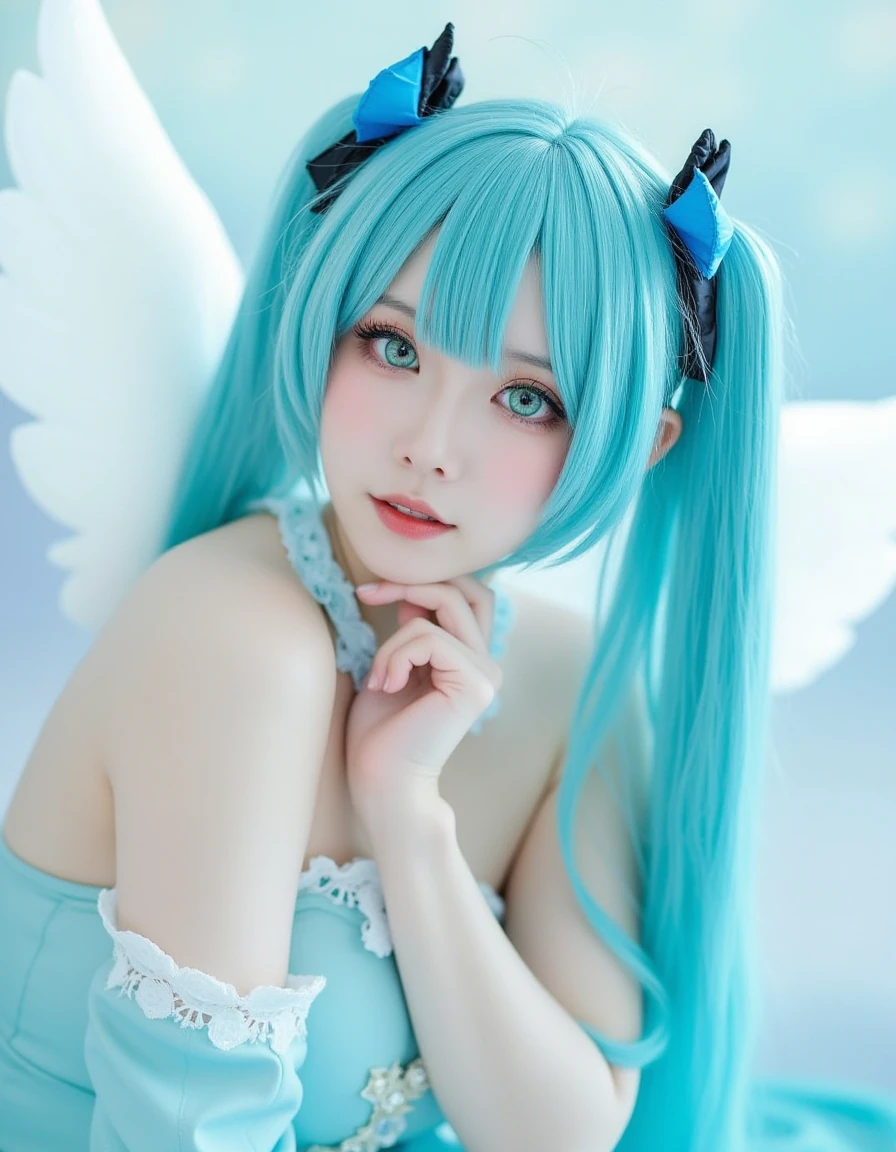 ggasia11k cosplay concept,Cinematic photography of a realistic woman cosplaying as Hatsune Miku, featuring stunning aqua blue long hair cascading around her shoulders, adorned with iconic twin tails and delicate hair accessories. Her eyes, a vivid shade of emerald green, sparkle with a blend of enthusiasm and playfulness, capturing the essence of the beloved character. The close-up shot focuses on her facial features, highlighting the subtle makeup that enhances her youthful appearance, including a soft blush and glossy lips that mirror the character's aesthetic. 
In this dynamic portrait, the woman poses gracefully, her head tilted slightly to the side, embodying a whimsical motion that creates a sense of liveliness in the image. The angle of the shot emphasizes the smooth contours of her face while the angelic pose suggests serenity and charm, almost as if she is about to break into song. 
The background is softly blurred with a gradient of pastel colors, reminiscent of a dreamy sky, creating a mesmerizing backdrop that complements her vibrant costume . <lora:cosplay_flux_V1:0.8>