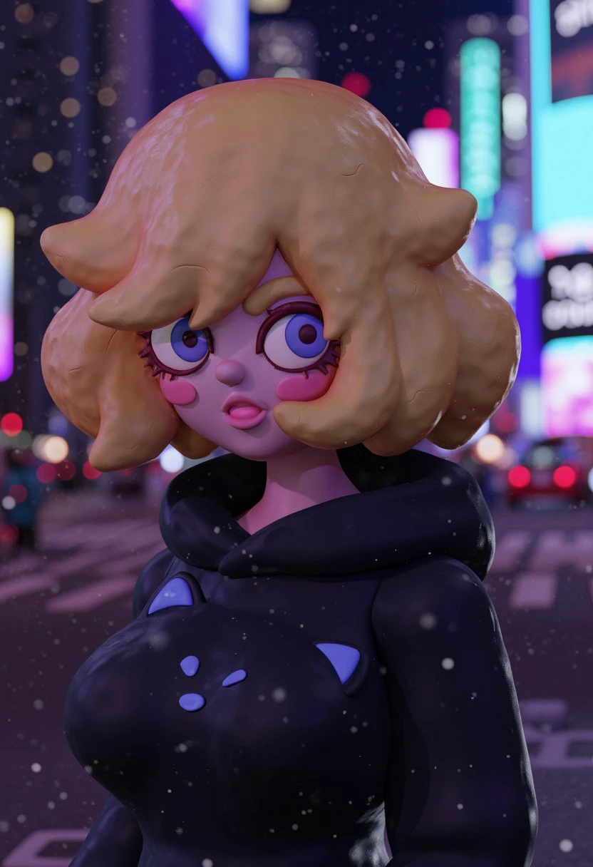 Crisppyboat \(Artstyle\), @Crisppyboat, 1 woman with short blonde curly hair, black hoodie with a minimalistic cat design on the front, wearing with eyeliner, background is a street view of Newyork times square at night, neon signs in the background, it is snowing
