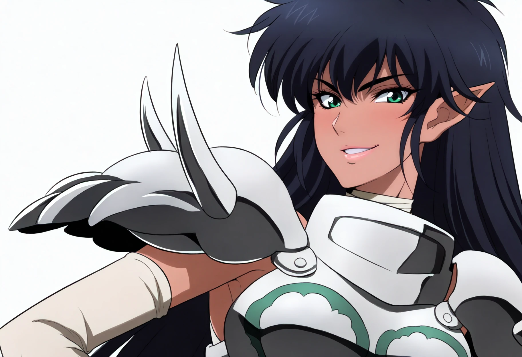 best quality, amazing quality, very aesthetic, absurdres,
1girl, arshesnei, black hair, long hair, green eyes, pointy ears, dark skin, breastplate, shoulder armor, armor,
upper body, smile, looking at viewer, solo, simple background, white background <lora:ArshesNeiIllustriousXL_byKonan:1>