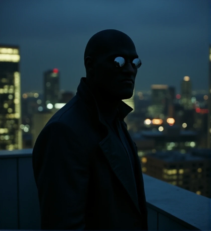 bokeh,  portrait photo, <lora:morpheus-flux-m0rf3:1.3> m0rf3  is dressed in a matte black suit and a balaclava, ready for an infiltration. The setting is a skyscraper rooftop at night, with city lights in the distance