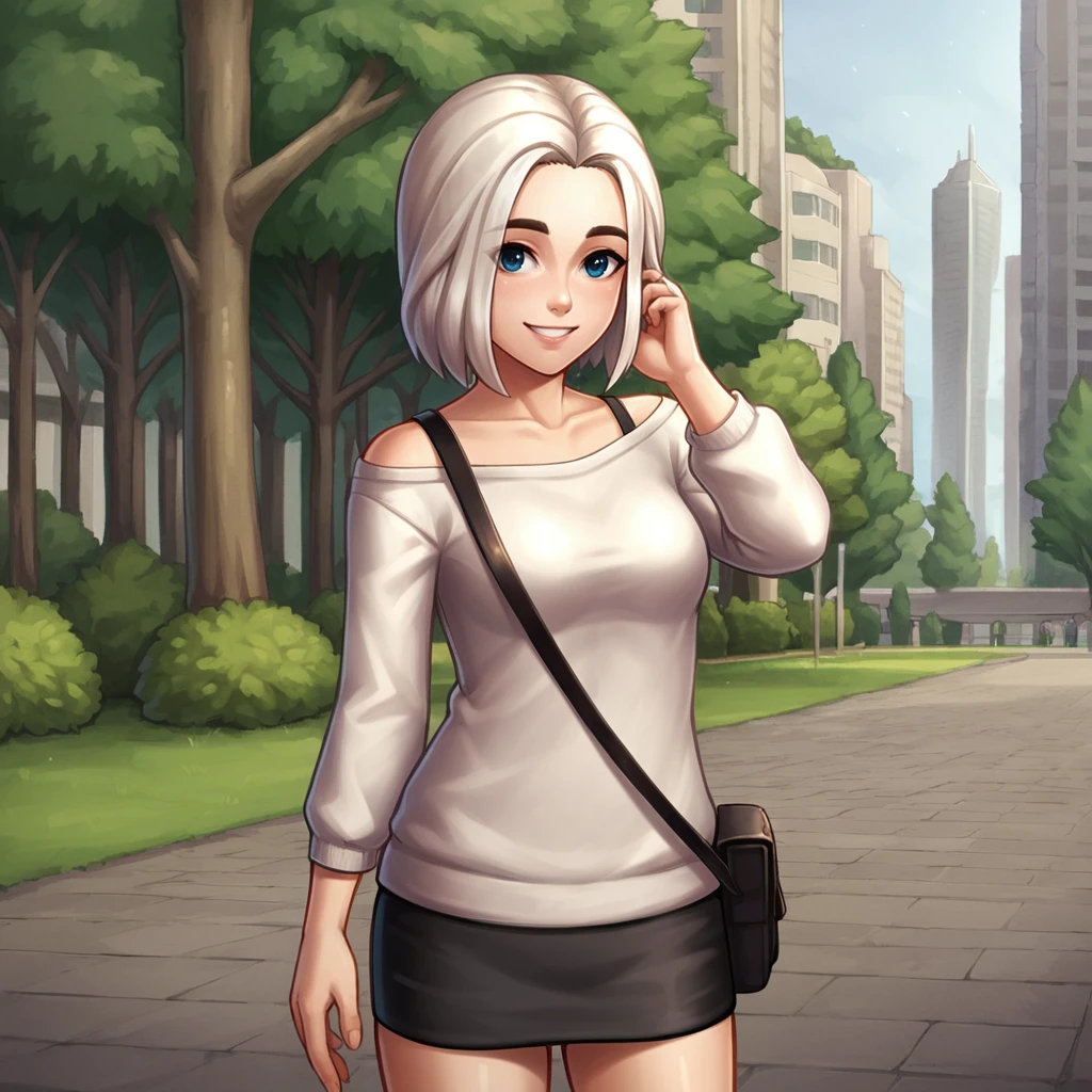 score_9_up, score_8_up, score_7_up, source_anime, BREAK
park, city, tree, outdoors, 
<lora:ChiaraLoboscaXL:0.86>, chiaralobosca, 1girl, solo, looking at viewer, smile, cowboy shot, white sweater, off-shoulder sweater, loose shirt, long sleeves, medium breasts, black skirt, thighs, hand in own hair, bag,