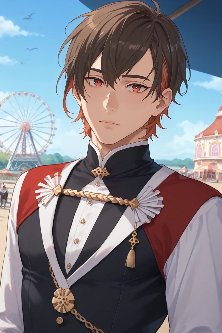 score_9, score_8_up, score_7_up, source_anime, rating_safe, , (photorealistic:0.6), , depth of field, 1boy, solo, male focus, <lora:yakumo_nu_carnival_pony:0.96>, yakumo_nu_carnival, brown hair, red eyes, short hair, multicolored hair, two-tone hair, red hair, upper body, amusement park, carousel, ferris wheel, dusk, dynamic pose, heart eyes, , <lora:sdxl_lightning_8step_lora:1>