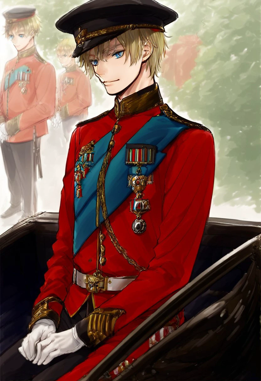 score_9, score_8_up, source_anime, highly detailed, gloves, 1boy, military medal, male focus, military, hat, Military outfit, Sitting on a carriage,Military uniform,solo,Twisted Bullion,Shoulder Board golden Epaulettes, blonde hair, blue eyes,young