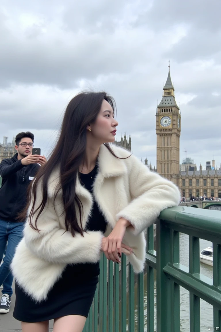 Captured at eye-level on a cloudy day, a woman with long dark brown hair, wearing a white fur coat and a black skirt, is leaning on a green metal railing. She is looking to the left, her right hand is resting on the railing. Behind her, a man in a black jacket and blue jeans is taking a selfie with his phone. In the background, the Big Ben clock tower stands tall, towering over the city of London. To the left of the clock tower, a large brown building is visible. The sky is full of fluffy white clouds, adding a touch of contrast to the scene.