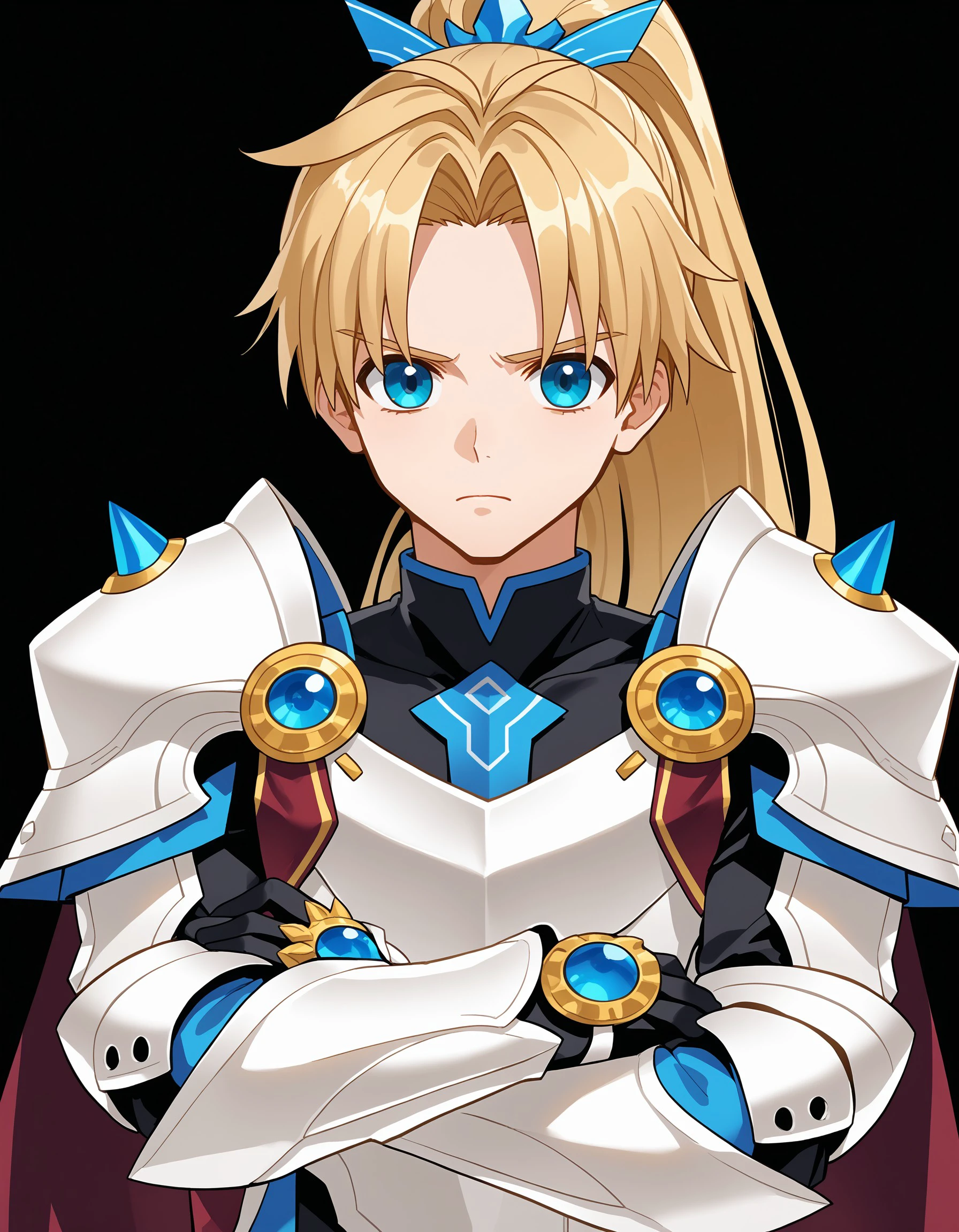 (masterpiece), best quality, expressive eyes, perfect face, chungs, solo, long hair, looking at viewer, blue eyes, blonde hair, simple background, 1boy, closed mouth, ponytail, male focus, armor, black background, shoulder armor, gauntlets, pauldrons, <lora:0d91c3ed-7ac8-4456-92cb-8f528783116d:0.7>