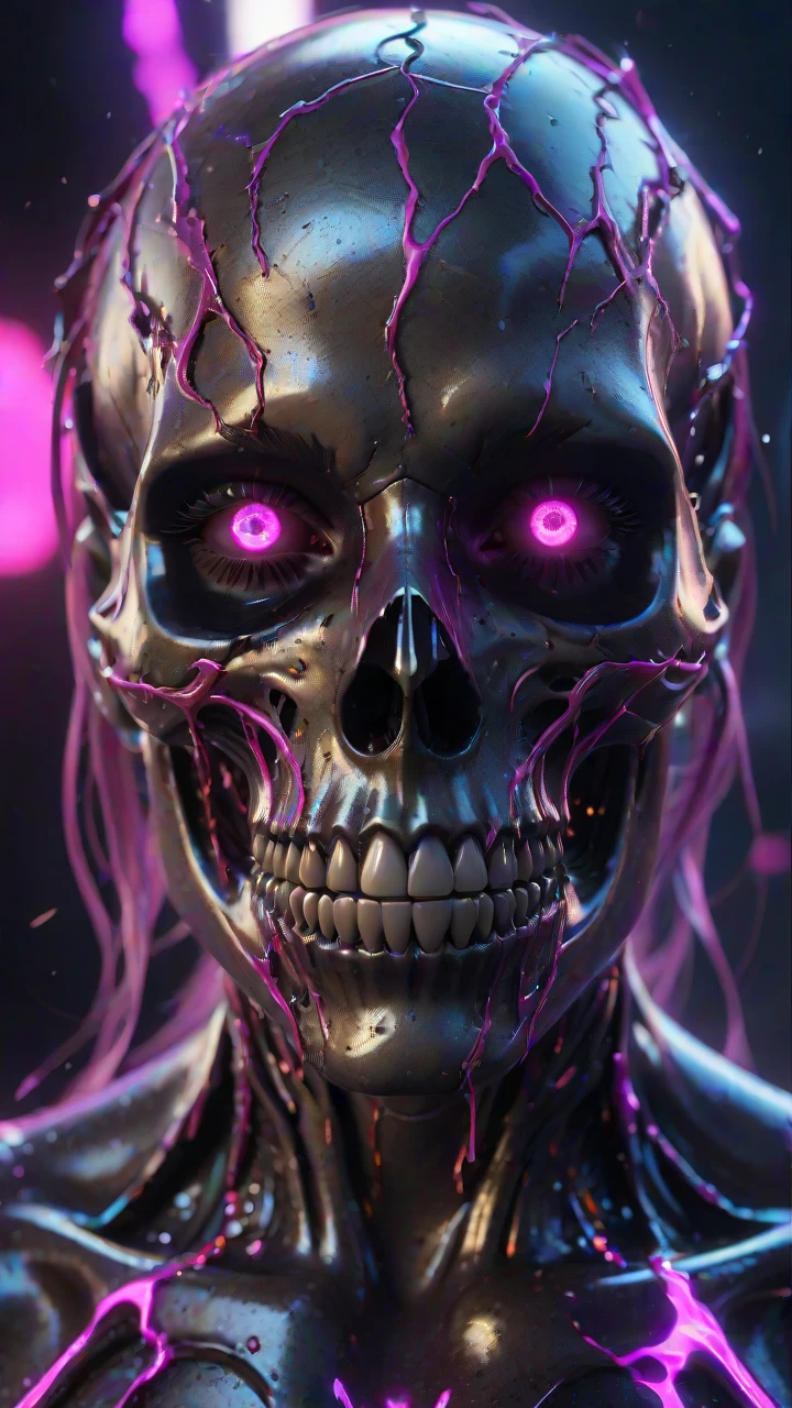 neonpunk style hyperrealistic art professional 3d model a skull with blood and gore and a awesome 8k lightning border around the outside of the entire image for Decorations . octane render, highly detailed, volumetric, dramatic lighting . extremely high-resolution details, photographic, realism pushed to extreme, fine texture, incredibly lifelike . cyberpunk, vaporwave, neon, vibes, vibrant, stunningly beautiful, crisp, detailed, sleek, ultramodern, magenta highlights, dark purple shadows, high contrast, cinematic, ultra detailed, intricate, professional