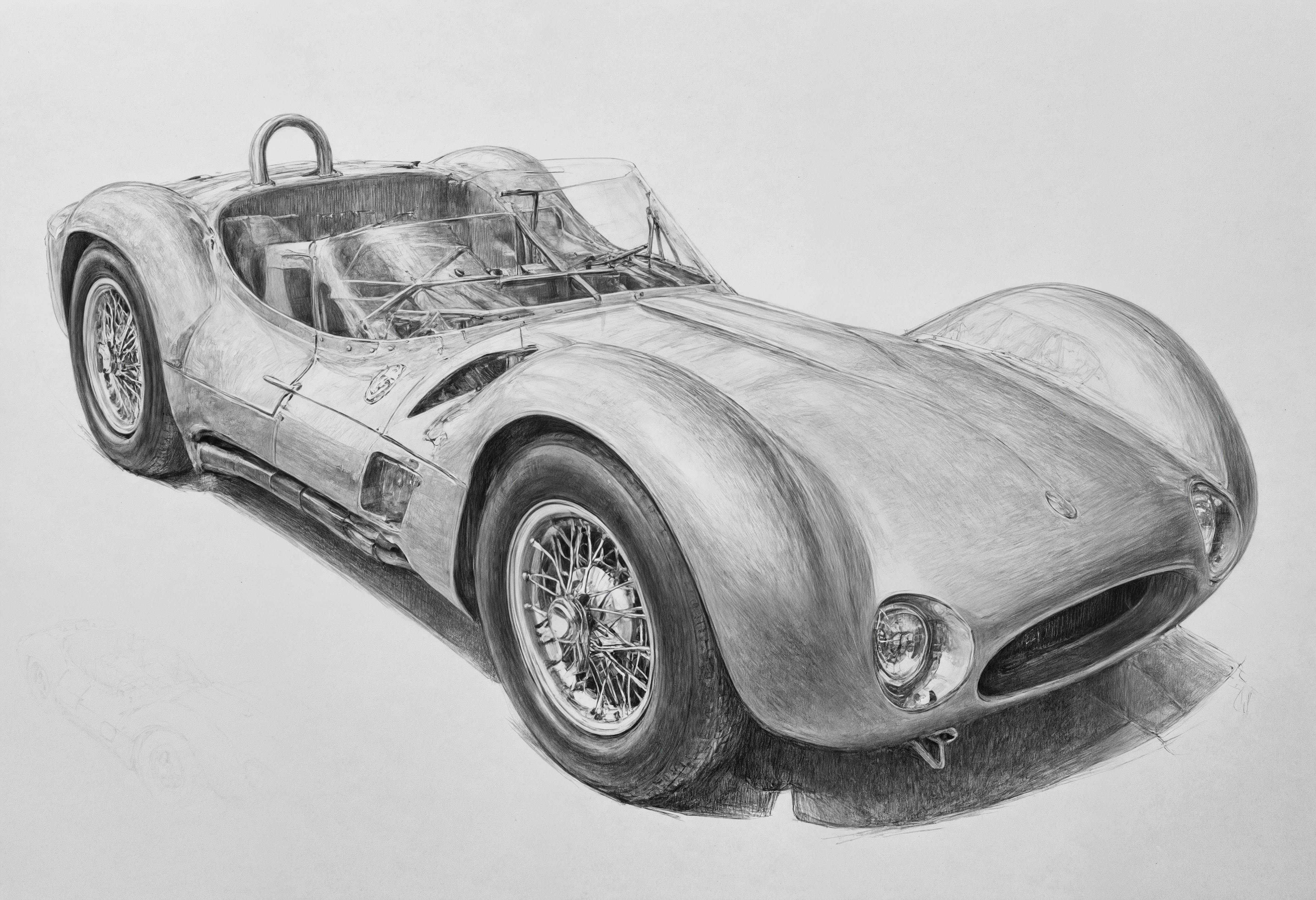 a PEPencilDrawing pencil drawing of a mazer8t_t1po6l sports car, front 3/4 view,  