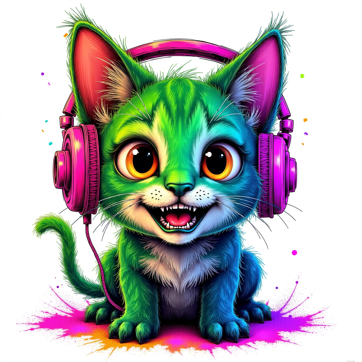 neon line art, white background,very happy, covered in glitter, acid green baby-kitten in giant headphones, with wide open mouth, front view, yu2k 3d illustration style, on white background, closeup