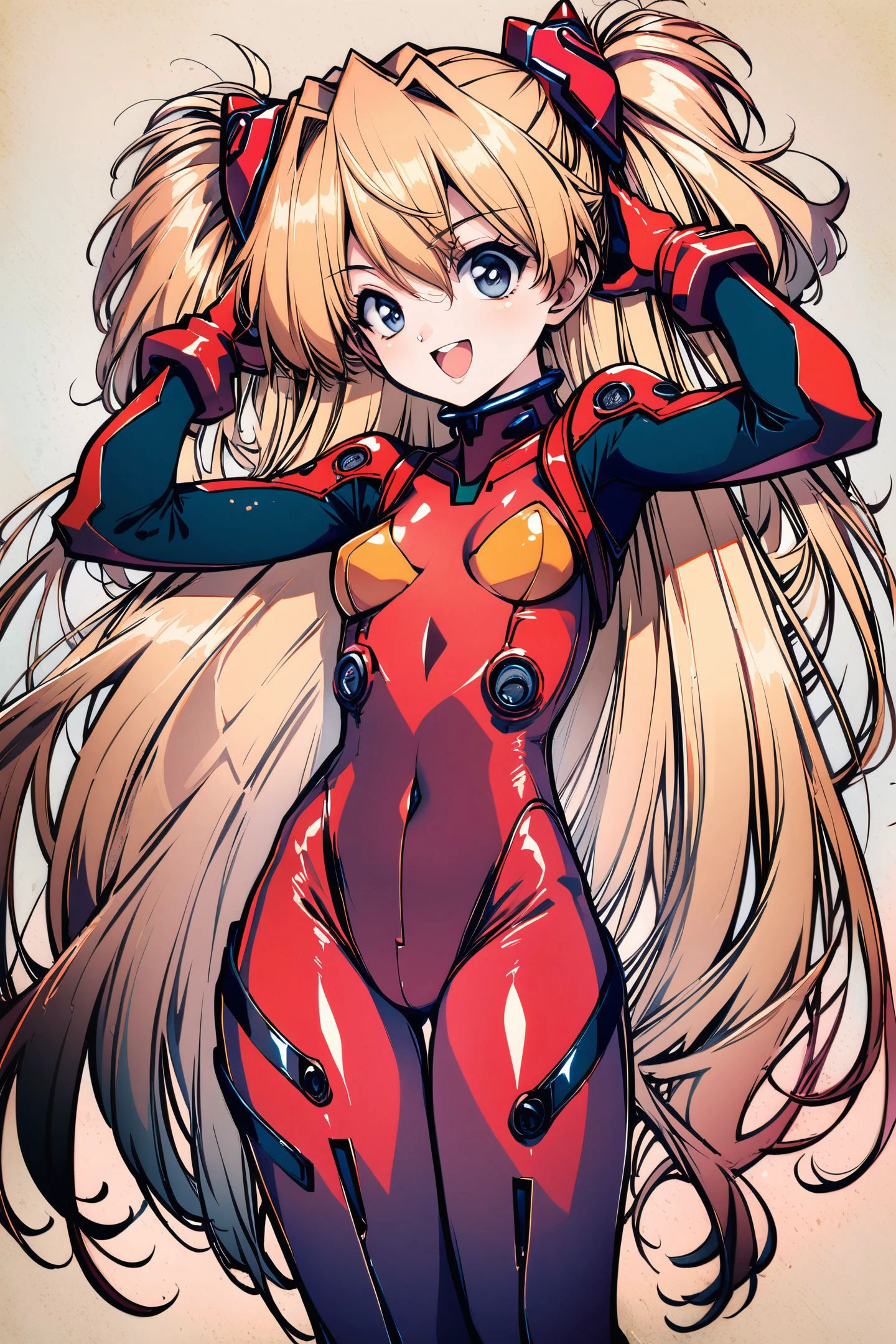 1girl,souryuu asuka langley,plugsuit,solo,long hair,bodysuit,red bodysuit,interface headset,breasts,small breasts,cosplay,looking at viewer,smile,open mouth,very long hair,pilot suit,blonde hair,blue eyes,
<lora:Old Fashioned Celluloid_XL:1>,