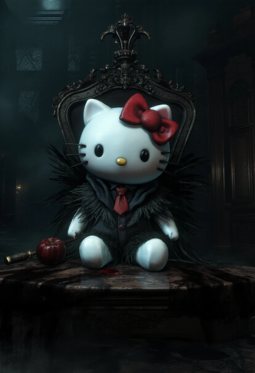 <lora:Bloodborne_Style_FLUX:1.2> bbstyle, horror theme,  Hello Kitty sitting on a chair