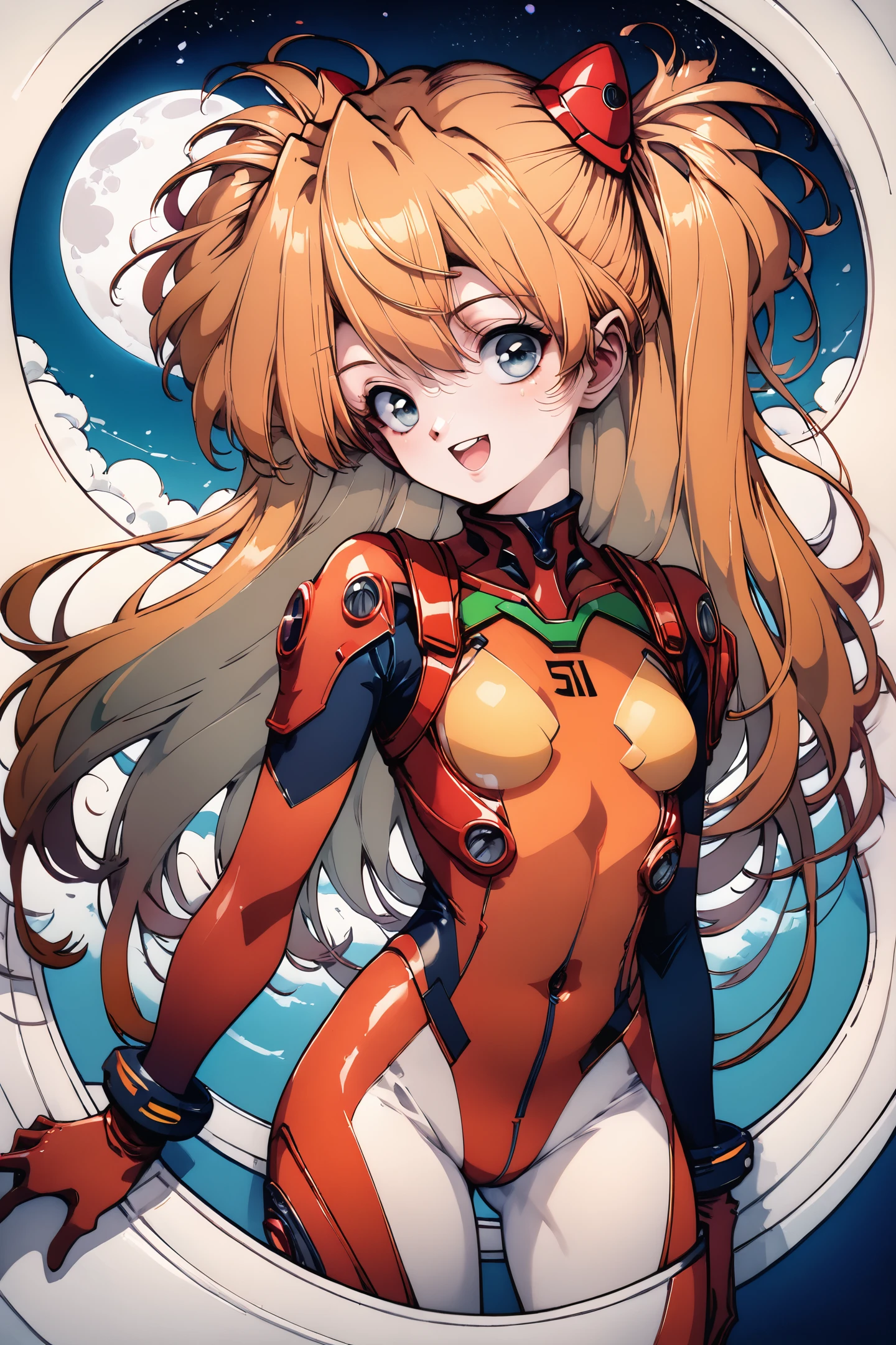 score_9,score_8_up,score_7_up,masterpiece,best quality,
1girl,souryuu asuka langley,plugsuit,solo,long hair,red bodysuit,interface headset,small breasts,looking at viewer,smile,open mouth,very long hair,pilot suit,orange hair,blue eyes,blue sky,night,full moon,black backround,
<lora:Old Fashioned Celluloid_XL_PONY:1>,