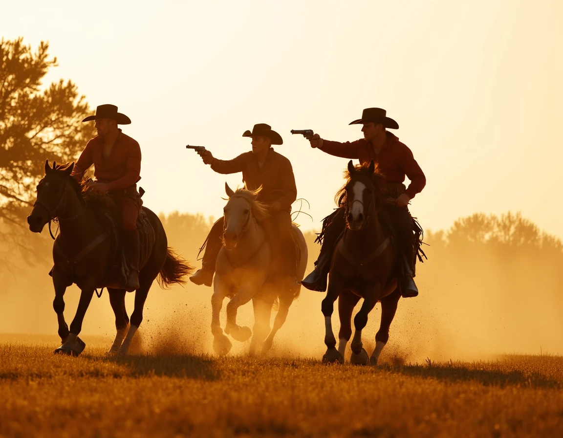 <lora:B4A_Wild_West_-_Flux1-000018:1> a b4a action-packed scene of cowboys on horses galloping at full speed, shooting revolvers, surrounded by golden prairie grass and silhouetted trees. Warm afternoon sunlight with high contrast. Epic composition, with wide-angle perspective, cinematic style.