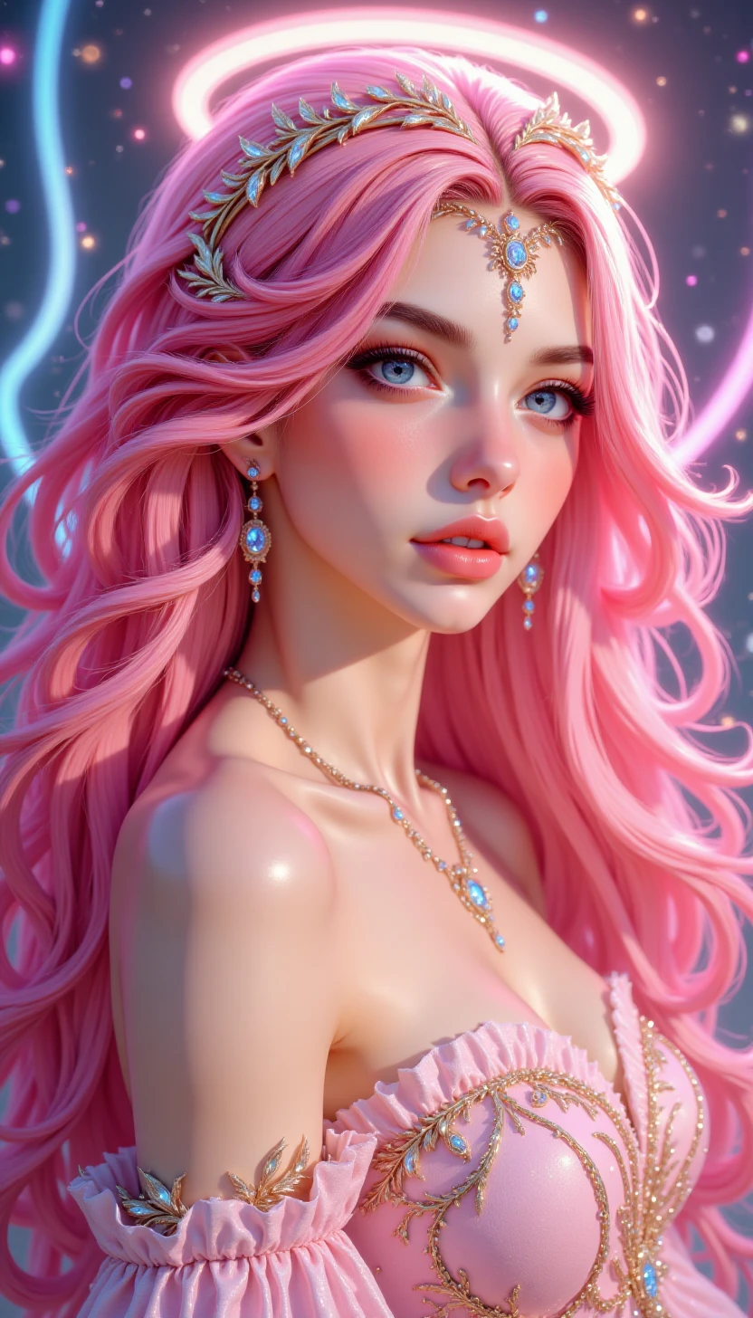 pinketherealmj,A pretty young woman with bright pink hair and glittery eye makeup, surrounded by a halo of glittery light that makes her stand out like a work of art