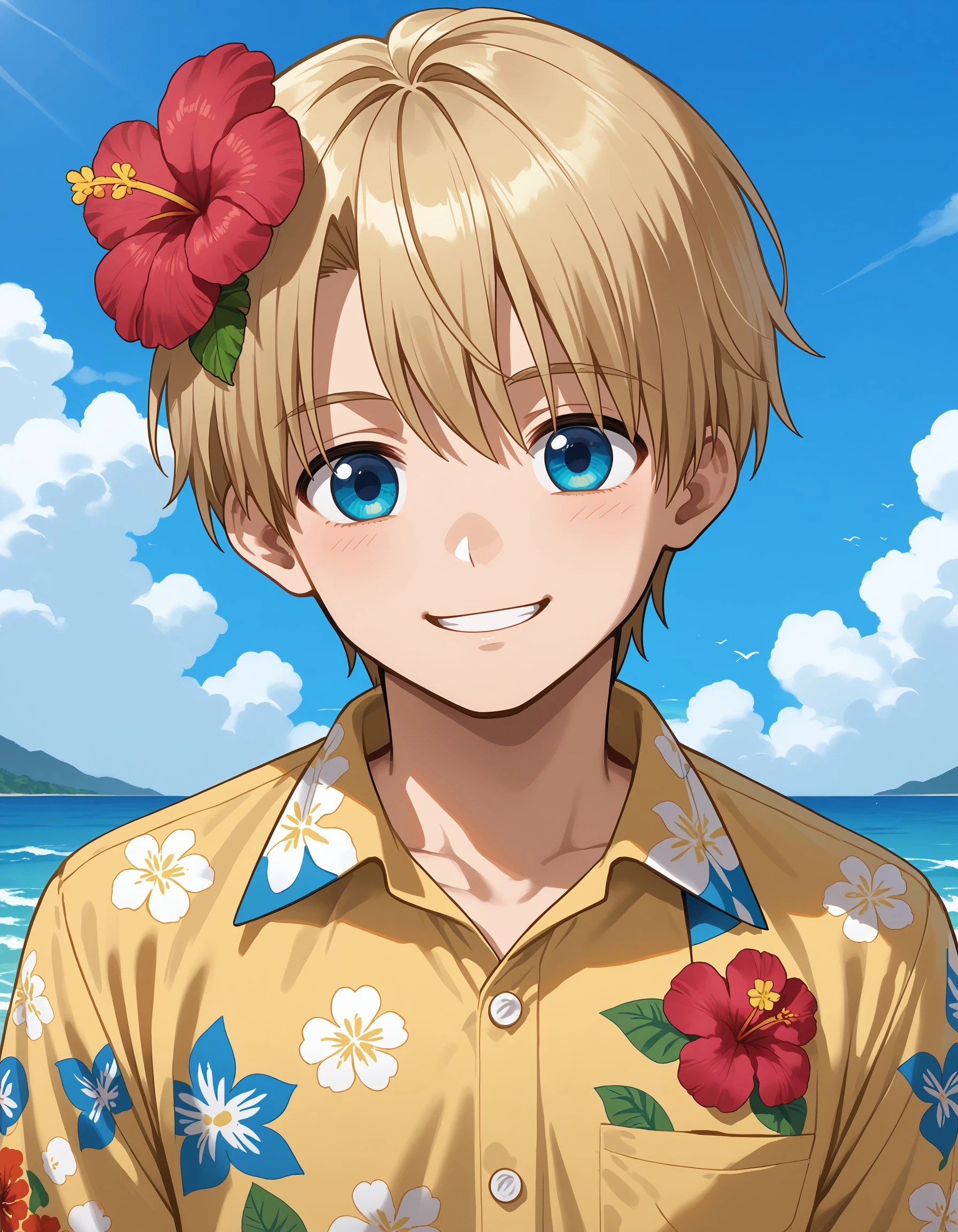 (masterpiece), best quality, expressive eyes, perfect face, chungs, solo, looking at viewer, smile, short hair, blue eyes, blonde hair, shirt, hair ornament, 1boy, flower, male focus, outdoors, sky, day, cloud, hair flower, ocean, floral print, hibiscus, hawaiian shirt, <lora:0d91c3ed-7ac8-4456-92cb-8f528783116d:0.7>