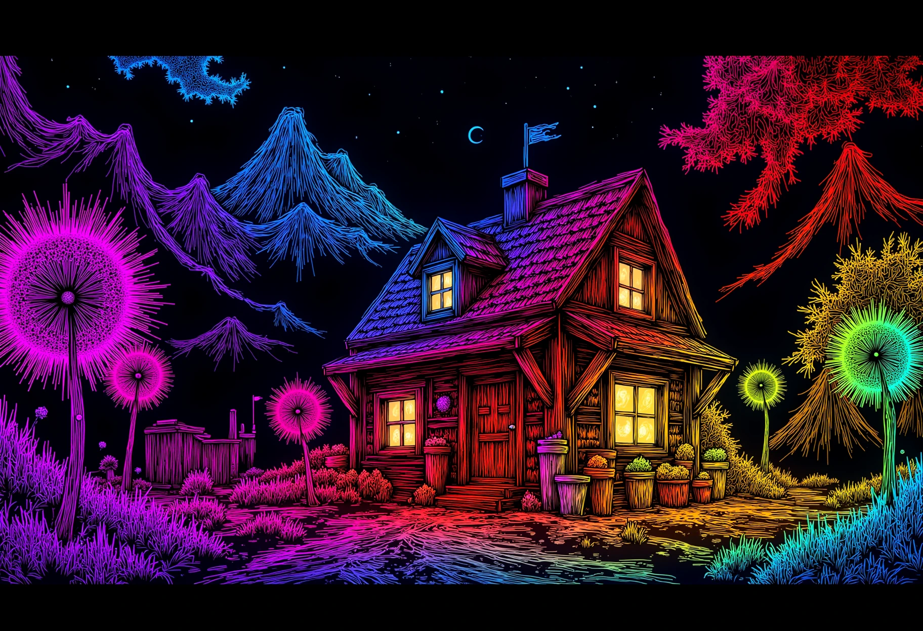 neon line art, drawing, black background,an illustration of a house with large barn with many cute flower pots and beautiful blue sky scenery. earth golem standing in yard, cinematic view, epic sky, detailed, concept art, low angle, high detail, warm lighting, volumetric, godrays, vivid, beautiful, trending on artstation, by jordan grimmer, huge scene, grass, art greg rutkowski