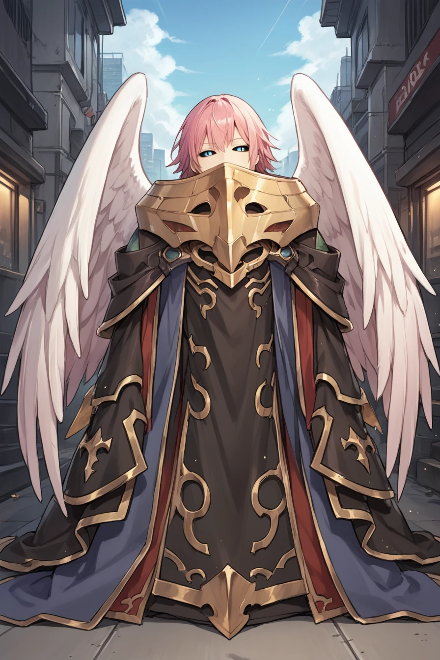 (score_9, score_8_up, score_7_up), source anime,  <lora:Kanon:0.8> , kabase, kadef, 1boy, blue eyes, black sclera, colored sclera, wings, angel wings, armor, robe, mask, pink hair, shoulder armor, robe, gold trim, feathered wings, covered mouth, looking at viewer, full body, solo, (head tilt), <lora:4t4rXLP:0.6> , 4t4r, BREAK
indoor, heavenly city, blue sky, cyberpunk, <lora:backgroundsetXL:0.4> , background,