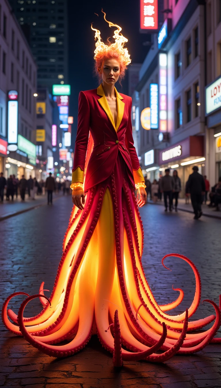 A realistic photo of a cephalopod Phoenix flaming woman on fire in red yellow suit. Burning fire eyes. Burning fire body and hands.. The Cephalyra is standing on the pavement in a scify city. It is during the night and the night is lit up by all neon signs. The Cephalyra´s tentacles are of the color Magenta fading into the color Scarlet.