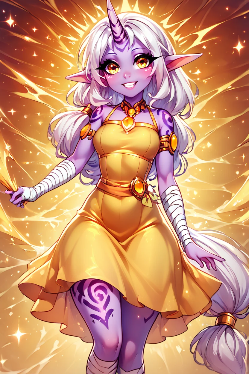 score_9, score_8_up, score_8, medium breasts, (curvy), cute, eyelashes,       BREAK, , zzSoraka,  purple skin, white hair, long low-tied hair, sidelocks, yellow eyes, pointy ears, single horn, full-body tattoo, bare shoulder, yellow jewel, red cropped top, yellow dress, armlet, bandaged arm, bandaged leg, goat hooves, <lora:Soraka_PDXL_v1:0.8>, BREAK, (warm colors), smile, looking at viewer, cowboy shot, ,,, embedding:zPDXL, Expressiveh, ,,, <lora:PrismaIllya_PDXL_v3:1.0>, <lora:SDXLFaeTastic2400:0.5>, <lora:Expressive_H-000001:0.4>,