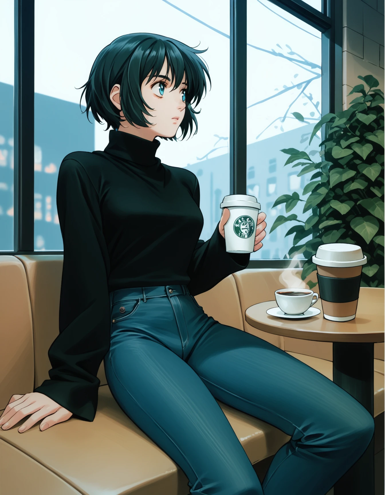 score_9,  score_8_up, score_7_up, <lora:peridot-voice-ponyxl-000022:0.8> inazuka, turtleneck, black shirt, untucked, jeans,
1girl, solo, cafe, coffee, looking to the side, wistful, lonely, blue theme, evening